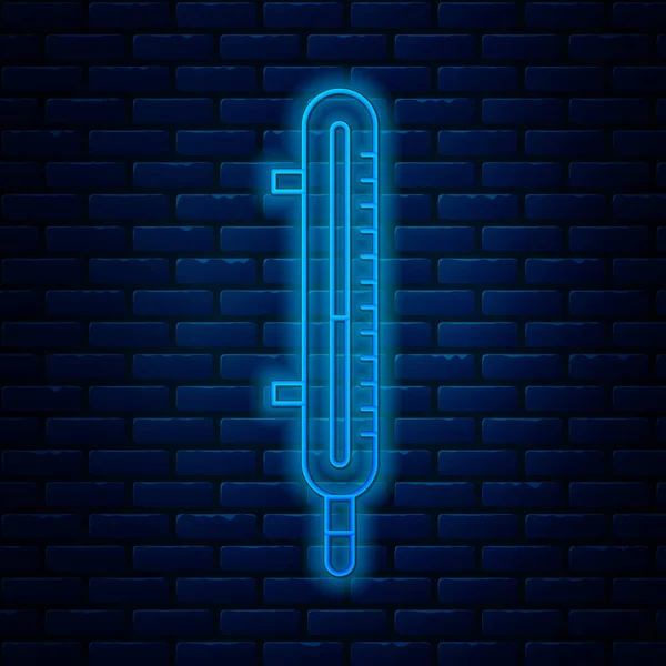 Сяюча неонова лінія Метеорологічний термометр вимірювальний значок ізольований на фоні цегляної стіни. Термометр обладнання, що показує гарячу або холодну погоду. Векторна ілюстрація — стоковий вектор