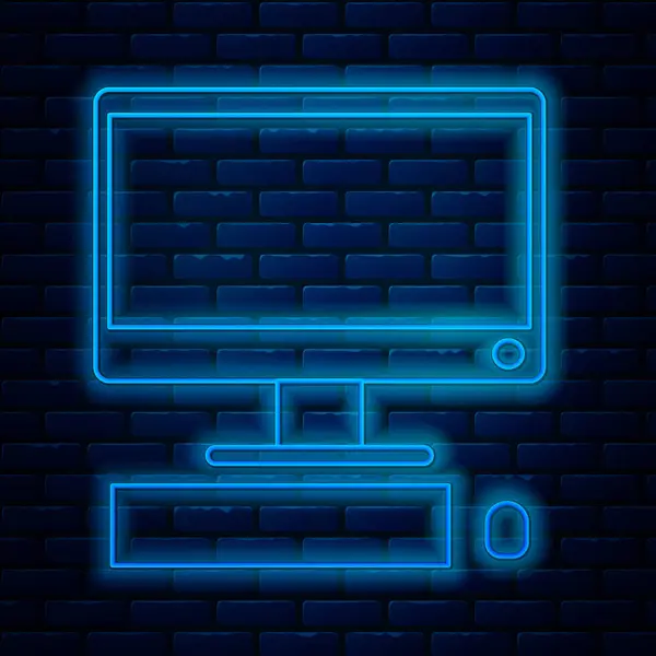 Tuğla duvar arka planında klavye ve fare simgesi izole edilmiş parlak neon hattı bilgisayar monitörü. Bilgisayar bileşeni işareti. Vektör İllüstrasyonu — Stok Vektör
