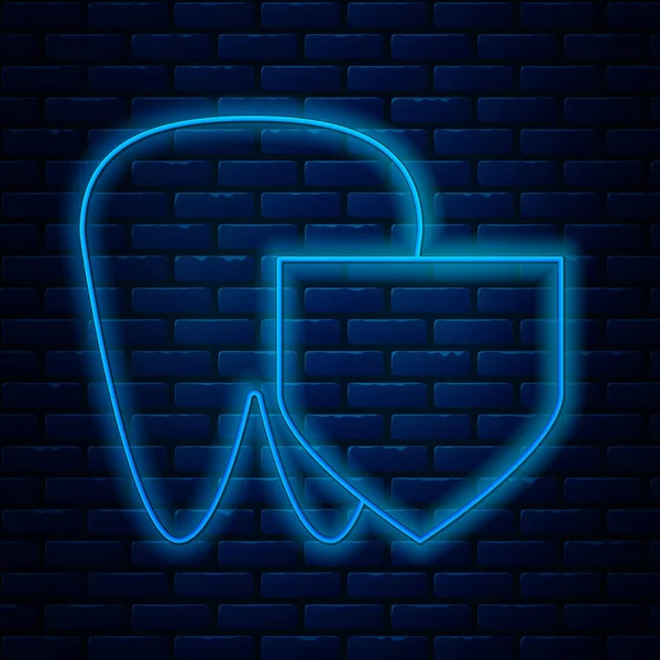 Zářící neonová čára Zub s ikonou štítu izolované na pozadí cihlové stěny. Zubní pojištění. Zabezpečení, bezpečnost, ochrana, koncepce ochrany. Vektorová ilustrace — Stockový vektor