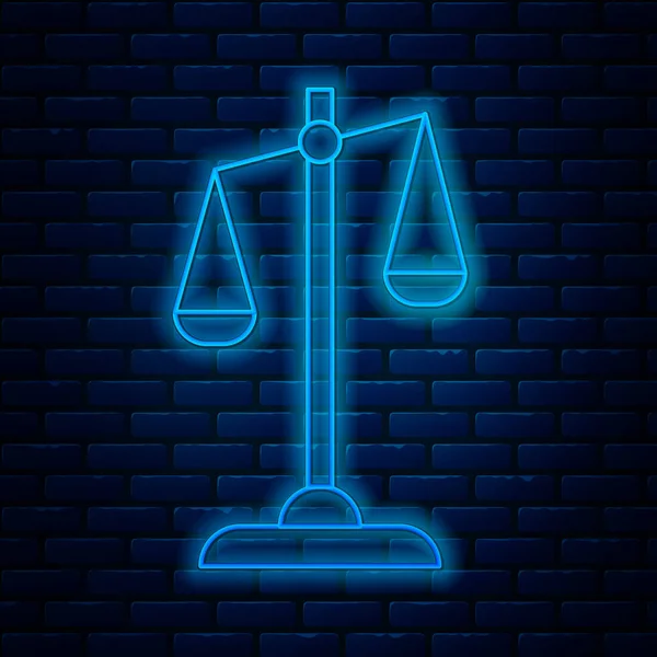 Świecąca neonowa linia Skale ikony sprawiedliwości odizolowane na tle ceglanych ścian. Symbol sądu. Znak wagi. Ilustracja wektora — Wektor stockowy