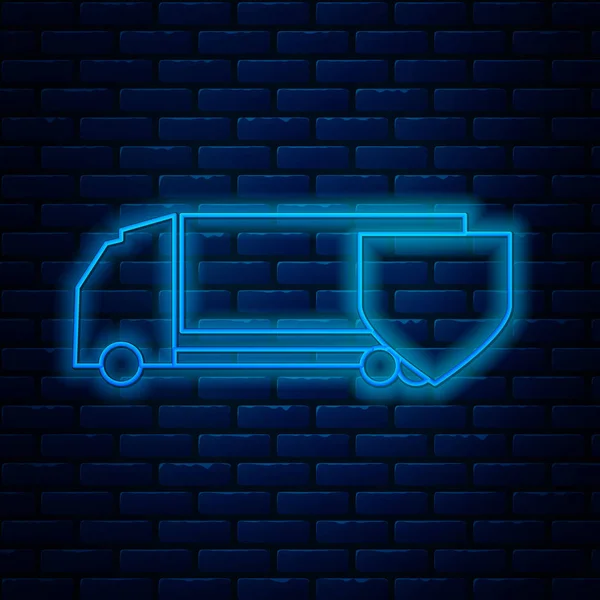 Leuchtende Neon-Line-Lieferwagen mit Schild-Symbol isoliert auf Backsteinwand Hintergrund. Versicherungskonzept. Sicherheit, Sicherheit, Schutz, Schutzkonzept. Vektorillustration — Stockvektor