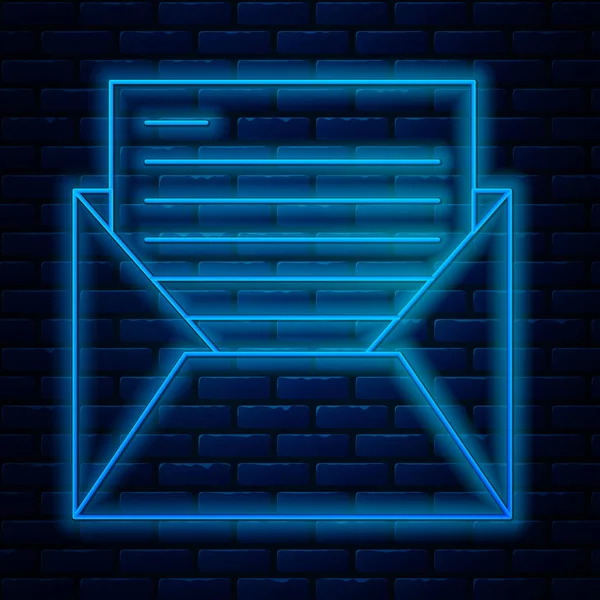 Parlayan neon hattı posta ve e-posta simgesi tuğla duvar arka planında izole edildi. Zarf sembolü e-postası. E- posta kodu. Vektör İllüstrasyonu — Stok Vektör