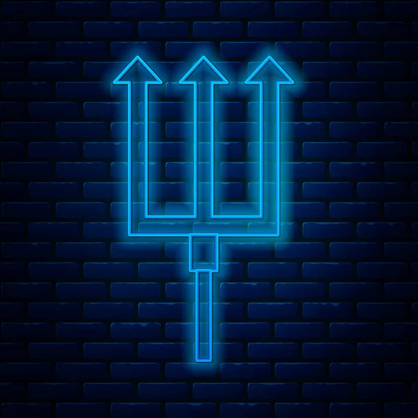Leuchtende Neonzeile Neptune Dreizack-Symbol isoliert auf Backsteinwand Hintergrund. Vektorillustration — Stockvektor