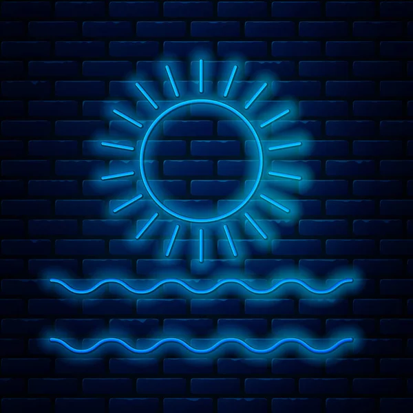 Светящаяся неоновая линия Солнце и волны иконка изолированы на фоне кирпичной стены. Векторная миграция — стоковый вектор