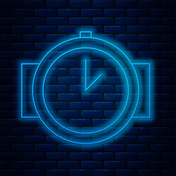 Leuchtende Neon Line Taucheruhr Symbol isoliert auf Backsteinwand Hintergrund. Tauchausrüstung. Vektorillustration — Stockvektor