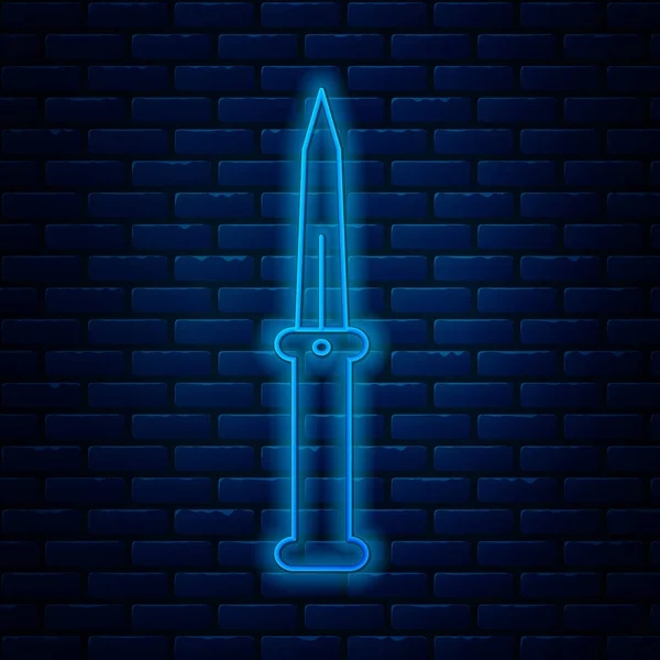 Icono de cuchillo de neón brillante línea aislado en el fondo de la pared de ladrillo. Cuchillo del ejército. Ilustración vectorial — Archivo Imágenes Vectoriales