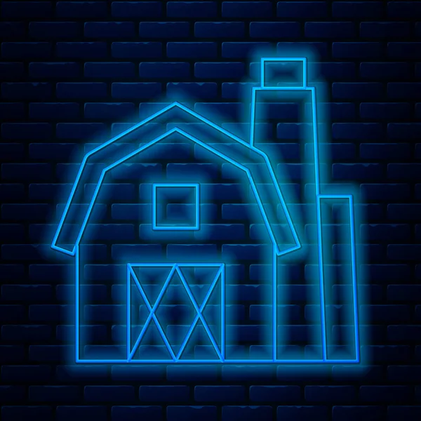 Parlayan neon hattı Farm House konsept ikonu tuğla duvar arka planında izole edildi. Kırsal çiftlik manzarası. Vektör İllüstrasyonu — Stok Vektör