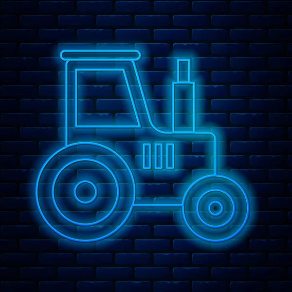 Leuchtende Leuchtschrift Traktor Symbol isoliert auf Backsteinwand Hintergrund. Vektorillustration — Stockvektor