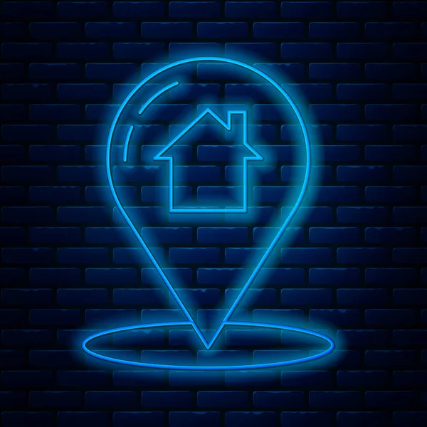 Leuchtende Neon-Linie Kartenzeiger mit Haus-Symbol isoliert auf Backsteinwand Hintergrund. Markierungssymbol für den Wohnort. Vektorillustration — Stockvektor