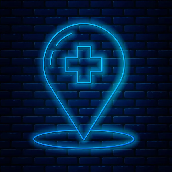 Ligne lumineuse néon Pointeur de carte médicale avec icône de l'hôpital transversale isolée sur fond de mur de briques. Illustration vectorielle — Image vectorielle