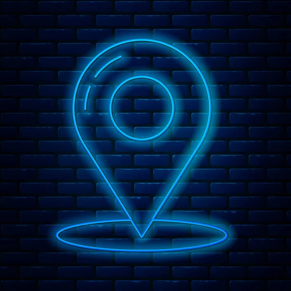 Gloeiende neon lijn Kaart pin pictogram geïsoleerd op baksteen muur achtergrond. Navigatie, wijzer, locatie, kaart, GPS, richting, plaats, kompas, contact, zoekconcept. Vector Illustratie — Stockvector