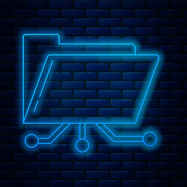 Glowing neon line Folder and lock icon isolated on brick wall background. Cyber defense. Security, safety, protection concept. Vector Illustration — 图库矢量图片