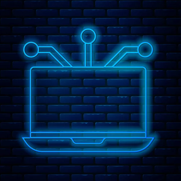 Glowing neon line Laptop icon isolated on brick wall background. Technology and devices concept.. Vector Illustration — Stock Vector
