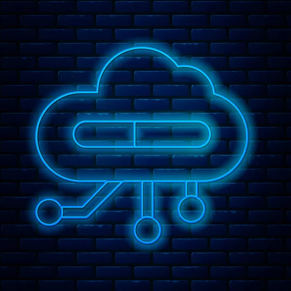 Linea al neon incandescente Internet delle cose icona isolata su sfondo muro di mattoni. Concetto di progettazione cloud computing. Connessione di rete digitale. Illustrazione vettoriale — Vettoriale Stock