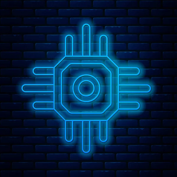 Leuchtendes Neon-Line-Prozessor-Symbol isoliert auf Backstein-Hintergrund. CPU, Zentraleinheit, Mikrochip, Mikroschaltung, Computerprozessor, Chip. Vektorillustration — Stockvektor