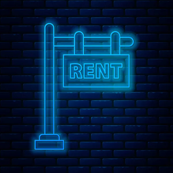 Glowing neon line Hanging sign with text Rent icon isolated on brick wall background. Signboard with text Rent. Vector Illustration — 图库矢量图片