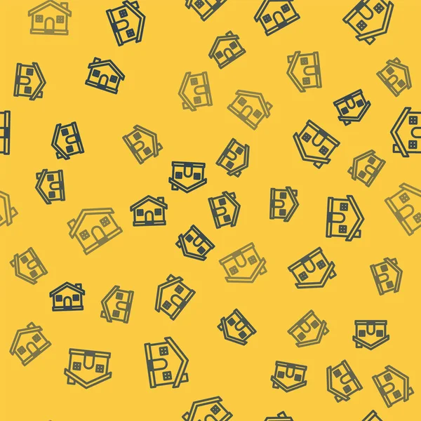 Blue line House icoon geïsoleerd naadloos patroon op gele achtergrond. Huissymbool. Vector Illustratie — Stockvector
