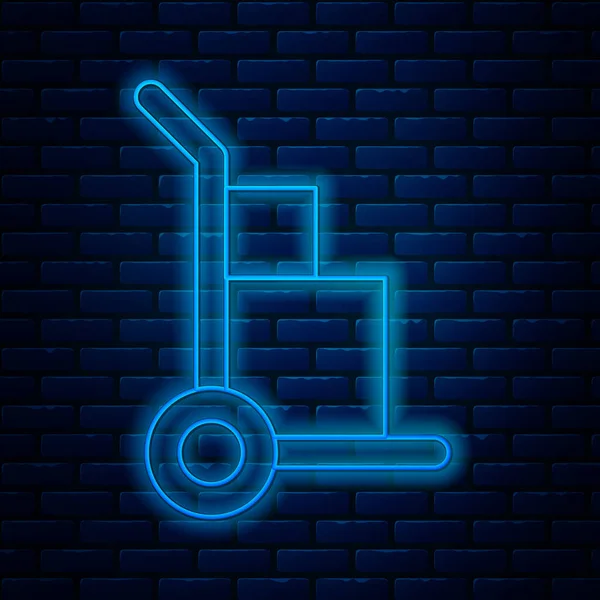Zářící neonová čára Ruční kamion a krabice ikona izolované na pozadí cihlové zdi. Symbol Dolly. Vektorová ilustrace — Stockový vektor