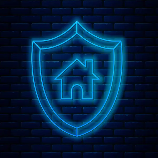 Glödande neon linje hus med sköld ikon isolerad på tegel vägg bakgrund. Försäkringskoncept Säkerhet, skydd, skydd, skyddskoncept. Vektor Illustration — Stock vektor