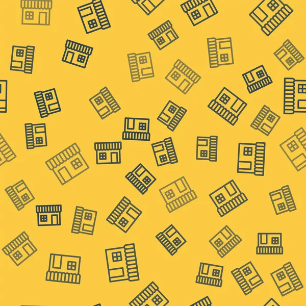 Blaue Linie Einkaufsgebäude oder Market Store Symbol isoliert nahtlose Muster auf gelbem Hintergrund. Ladenbau. Vektorillustration — Stockvektor