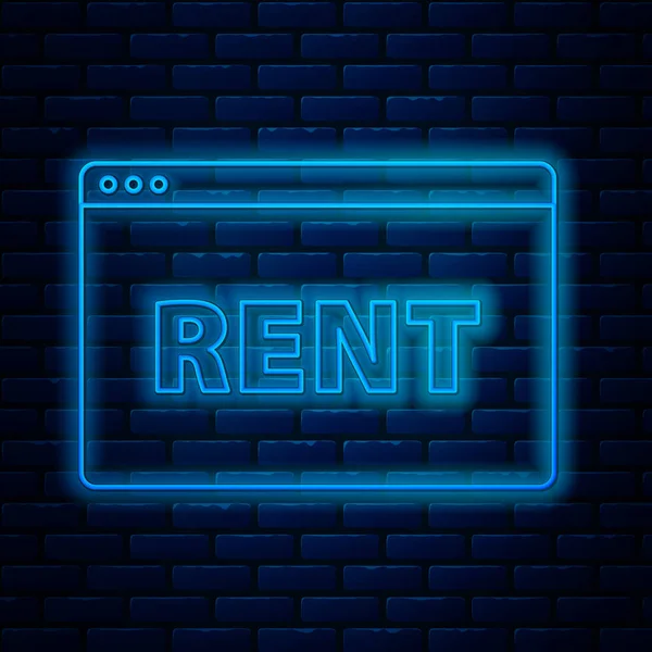 Izzó neon line Hanging sign with text Online Rent icon isolated on brick wall background. Felirat szöveges bérleti díjjal. Vektorillusztráció — Stock Vector