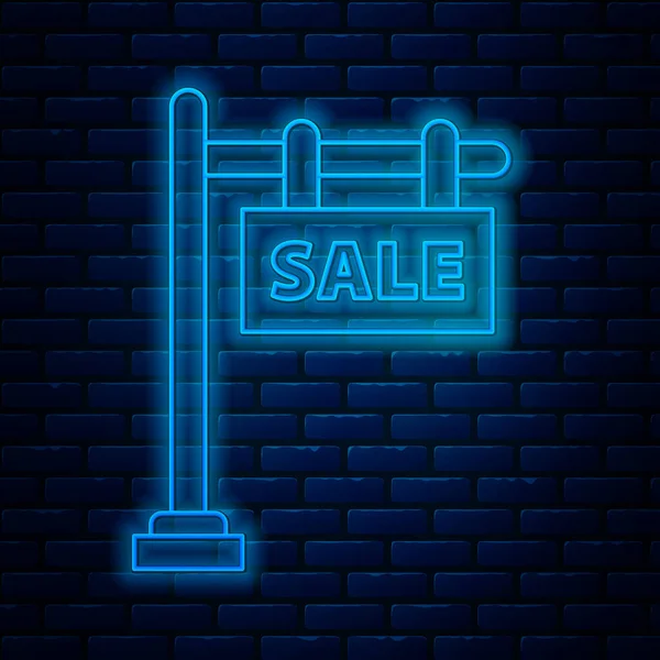 Glowing neon line Hanging sign with text Sale icon isolated on brick wall background. Signboard with text Sale. Vector Illustration — Stock Vector