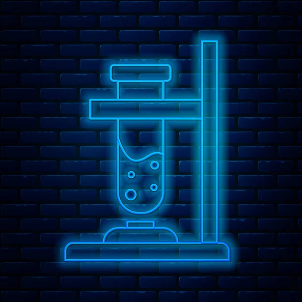 Glowing neon line Glass test tube flask on fire heater experiment icon isolated on brick wall background. Laboratory equipment. Vector Illustration — 스톡 벡터