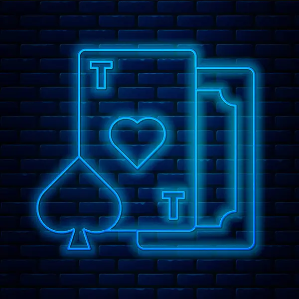 Leuchtende Neon-Line-Spielkarte mit Herz-Symbol-Symbol isoliert auf Backsteinwand Hintergrund. Casino-Glücksspiel. Vektorillustration — Stockvektor