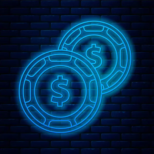 Glowing neon line Casino chip with dollar symbol icon isolated on brick wall background. Casino gambling. Vector Illustration — 스톡 벡터