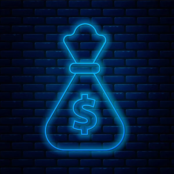 Gloeiende neon lijn Geld zak pictogram geïsoleerd op baksteen muur achtergrond. Dollar of Usd symbool. Cash Banking valutateken. Vector Illustratie — Stockvector