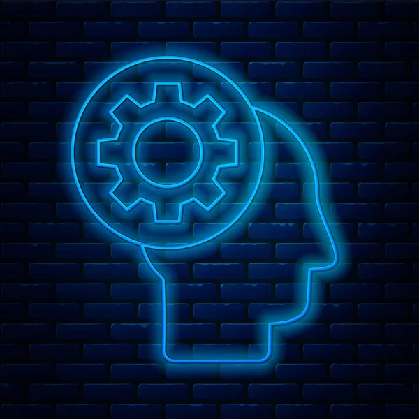 ネオンラインの輝きレンガの壁の背景に隔離されたアイコン内のギアで人間の頭。人工知能だ脳のサインだ脳の象徴的な働き。ベクターイラスト — ストックベクタ