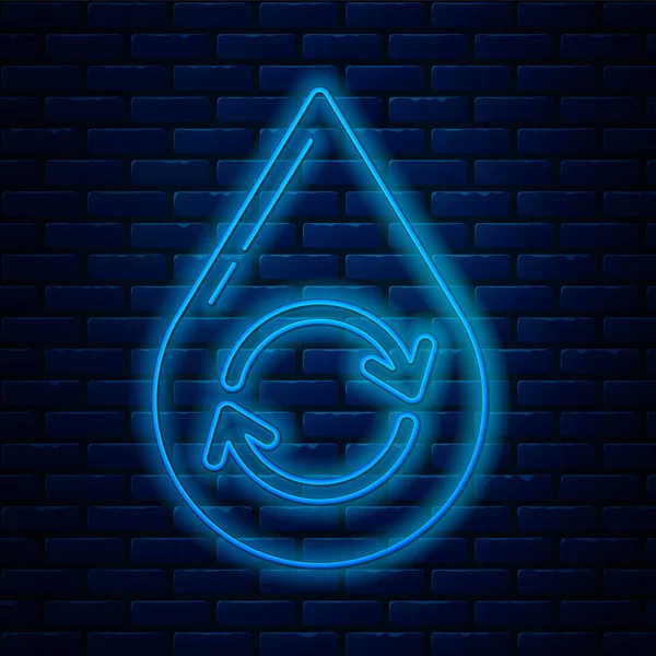 Glowing neon line Recycle clean aqua icon isolated on brick wall background. Drop of water with sign recycling. Vector Illustration — Stock Vector