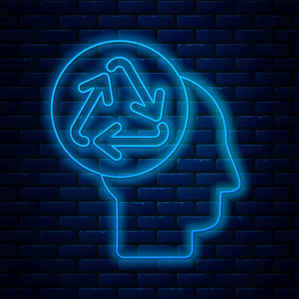 Glowing neon line Human head with recycle icon isolated on brick wall background. Recycling thinking. Ecology friendly. Vector Illustration — 图库矢量图片