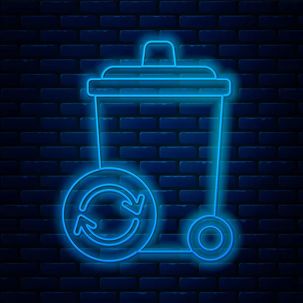 Gloeiende neon lijn Prullenbak met recycle symbool pictogram geïsoleerd op baksteen muur achtergrond. Prullenbak icoon. Vuilnisbak bord. Prullenbak bord. Vector Illustratie — Stockvector