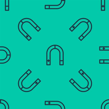 Mavi çizgi Mıknatıs simgesi yeşil arkaplandaki kusursuz deseni izole etti. At nalı mıknatısı, manyetizma, manyetizma, çekim. Vektör İllüstrasyonu