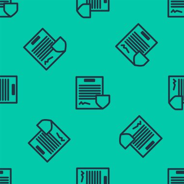 Kalkan simgesiyle mavi çizgi sözleşmesi yeşil arka planda izole edilmiş pürüzsüz desen. Sigorta konsepti. Güvenlik, güvenlik, koruma, konsept koruma. Vektör İllüstrasyonu