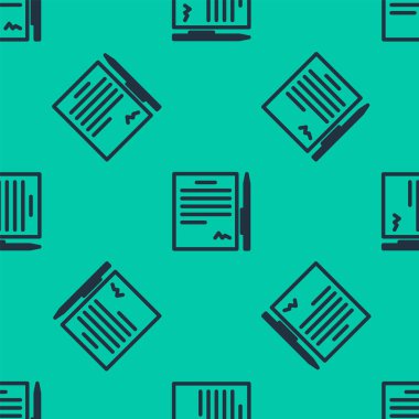 Kalem simgesi içeren mavi çizgi sözleşmesi yeşil arka planda izole edilmiş pürüzsüz desen. Dosya simgesi. Kontrol listesi simgesi. İş konsepti. Vektör İllüstrasyonu