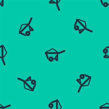 Toprak ikonlu mavi çizgi El Arabası yeşil arka planda izole edilmiş pürüzsüz desen. Alet edevat. Tarım arabası tekerlek çiftliği. Vektör İllüstrasyonu