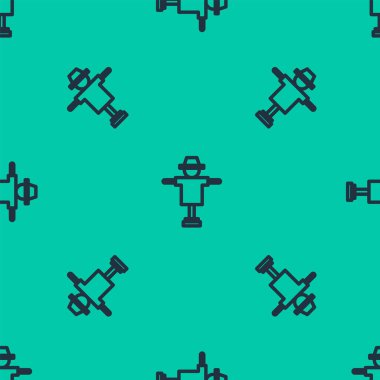 Mavi çizgi korkuluk simgesi yeşil arka planda kusursuz desen izole etti. Vektör İllüstrasyonu