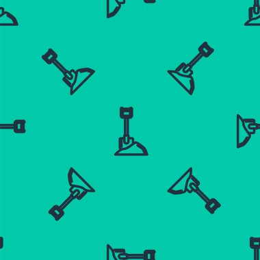 Yer ikonundaki mavi çizgi küreği yeşil arkaplandaki pürüzsüz deseni izole etti. Bahçe aletleri. Bahçecilik, tarım, çiftçilik aleti. Vektör İllüstrasyonu