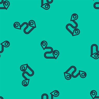 Mavi çizgi rota simgesi yeşil arkaplanda izole edilmiş pürüzsüz desen. Harita işaretçisi işareti. Yol ya da yol kavramı. GPS yön bulucu. Vektör İllüstrasyonu