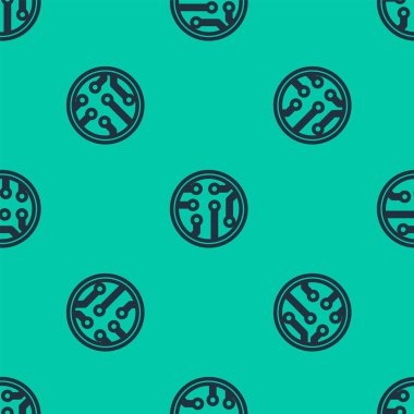 Mavi çizgi İşlemci simgesi yeşil arkaplandaki kusursuz deseni izole etti. İşlemci, merkezi işlem birimi, mikroçip, mikro devre, bilgisayar işlemcisi, çip. Vektör İllüstrasyonu