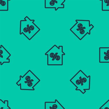 Mavi Çizgili Ev, yeşil arka planda izole edilmiş indirimli etiket simgesi. Evin yüzdesi tabela fiyatı. Emlak evi. Vektör İllüstrasyonu