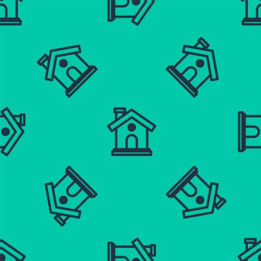 Mavi çizgi ev ikonu yeşil arka planda kusursuz desen izole etti. Ev sembolü. Vektör İllüstrasyonu