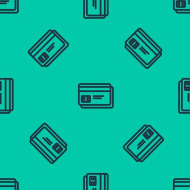 Mavi çizgi kredi kartı simgesi yeşil arka planda kusursuz desen izole etti. Çevrimiçi ödeme. Nakit çekilmesi. Finansal operasyonlar. Alışveriş tabelası. Vektör İllüstrasyonu