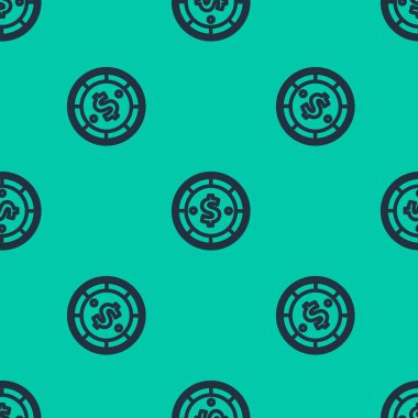 Dolar sembollü mavi çizgi kumarhane çipi yeşil arka planda izole edilmiş kusursuz desen. Kumarhane kumarı. Vektör İllüstrasyonu