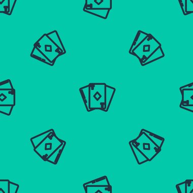 Mavi çizgi. Üzerinde elmas sembolü simgesi olan kart oynanıyor. Yeşil arka planda kusursuz desen izole edilmiş. Kumarhane kumarı. Vektör İllüstrasyonu