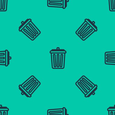 Mavi çizgi çöp kutusu simgesi yeşil arkaplanda izole edilmiş kusursuz desen. Çöp kutusu tabelası. Sepet simgesini geri dönüştür. Ofis çöpü ikonu. Vektör İllüstrasyonu