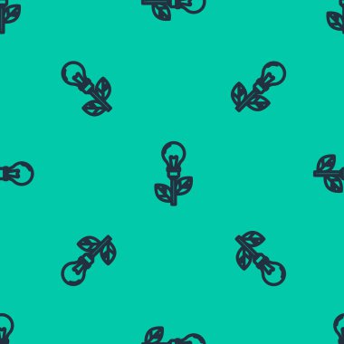 Yaprak simgesi olan mavi çizgi lambası yeşil arka planda izole edilmiş pürüzsüz desen. Çevre enerjisi kavramı. Alternatif enerji kavramı. Vektör İllüstrasyonu