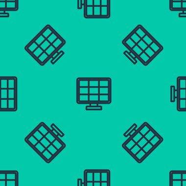 Mavi çizgi güneş enerjisi ikonu yeşil arka planda izole edilmiş pürüzsüz desen. Vektör İllüstrasyonu